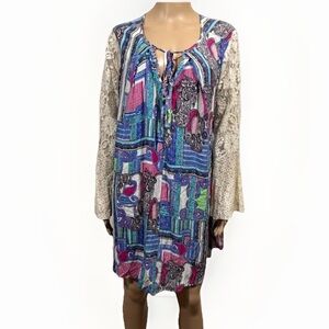 Umgee Paisley Trapeze Swing Peasant Dress Womens Medium Lace Bell Sleeves